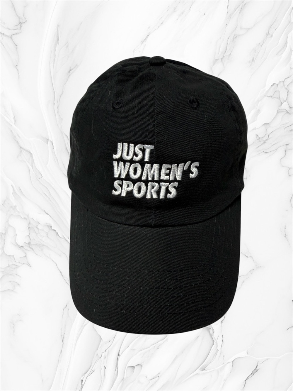 Black Women's Baseball Cap with White "JUST WOMEN'S SPORTS" Embroidery